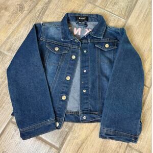 DKNY Girls Denim Long Sleeve Jean Jacket Snap Closure Spell Out Pink Size 6